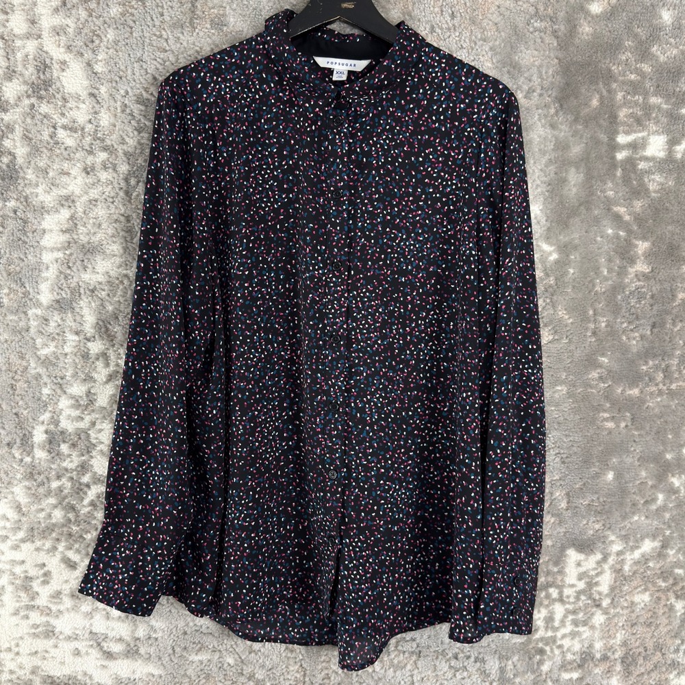 POPSUGAR Size XXL Polka Dot Confetti Button Up Shirt Black Long Sleeve Women